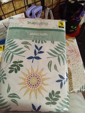 True Living Rectangle Tablecloth 52x70 Inches - Leaf & Sunburst Design
